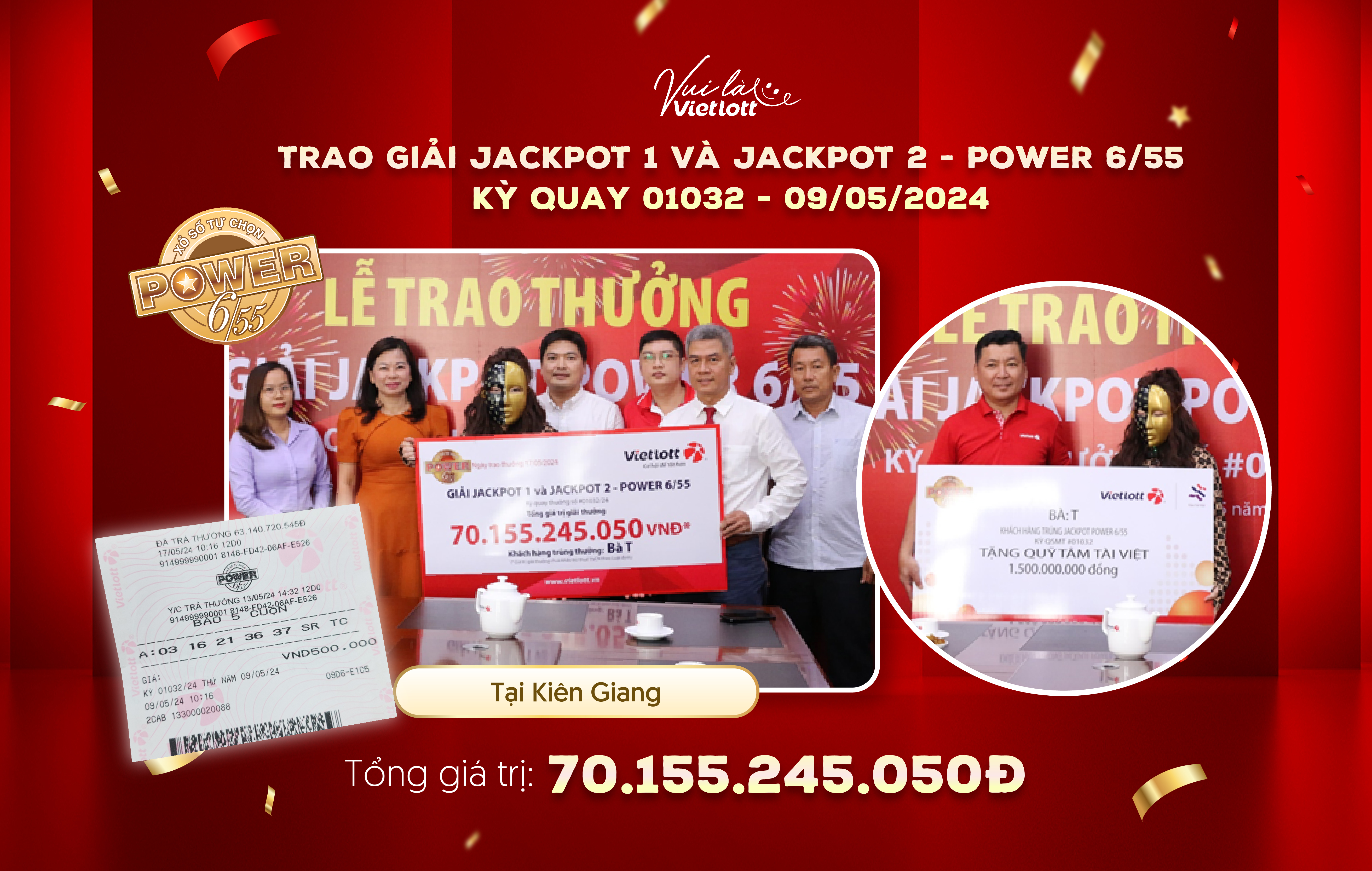 FIRST PLAYER FROM KIÊN GIANG WINS BOTH JACKPOT 1 AND JACKPOT 2 OF POWER 6/55 LOTTERY