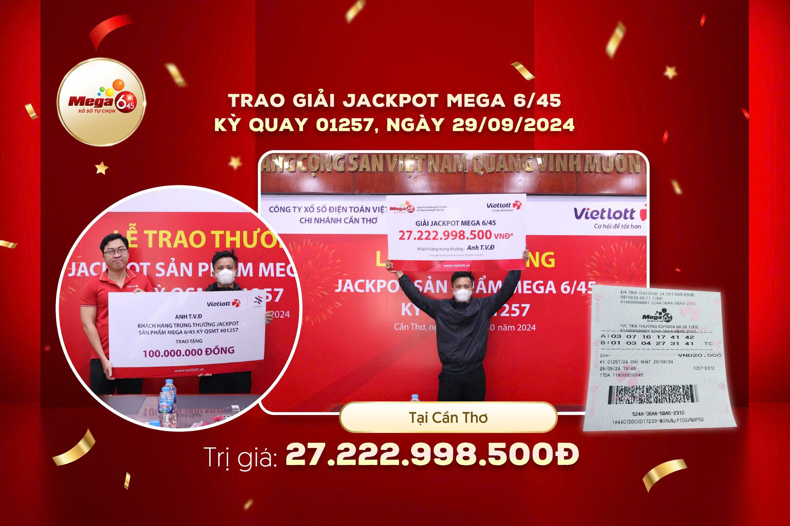 Kiên trì với một bộ số trong 3 năm, người chơi tại Cần Thơ trúng Jackpot hơn 27 tỷ đồng