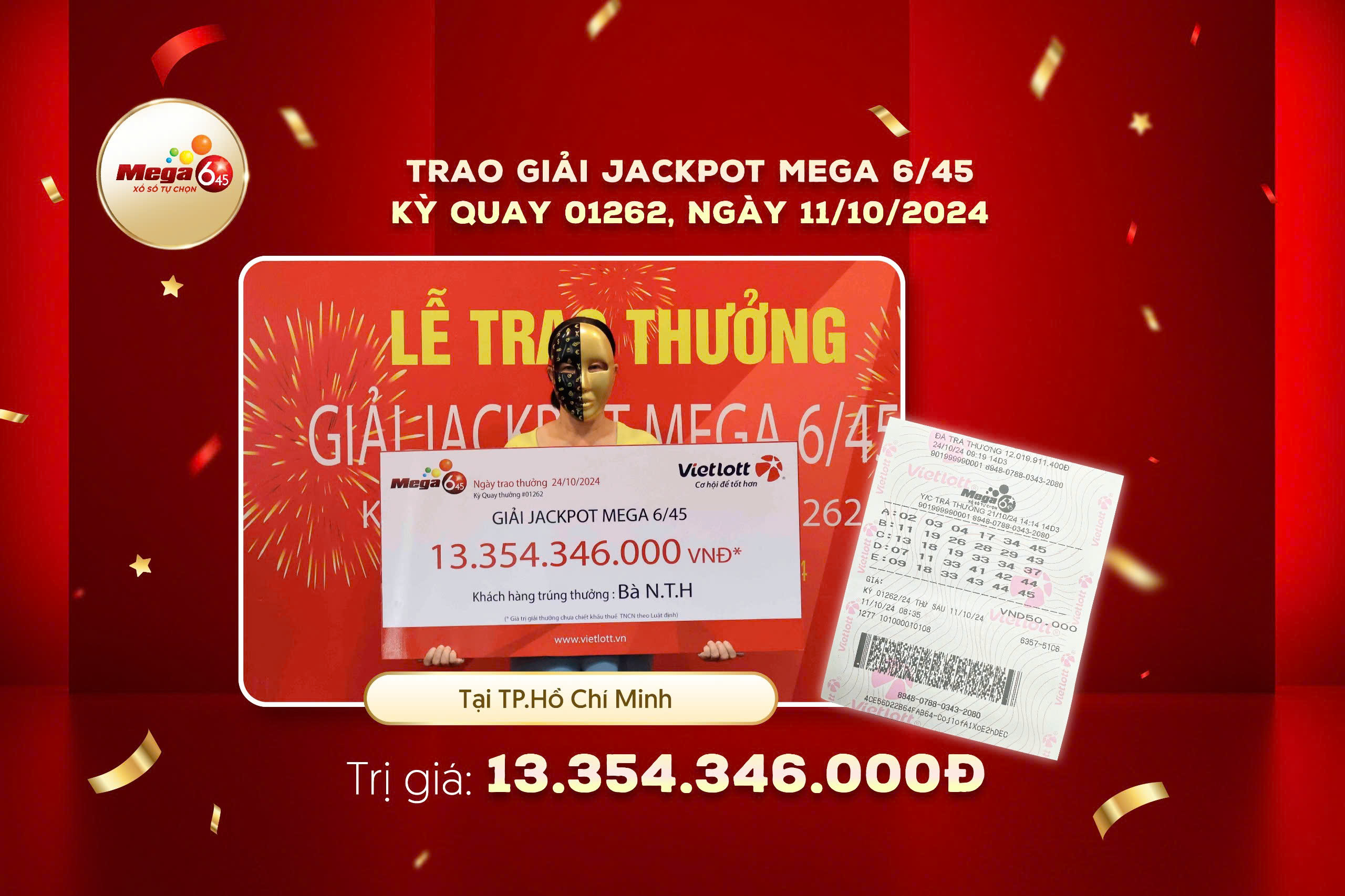 VIETLOTT TRAO THƯỞNG GIẢI JACKPOT MEGA 6/45 TRỊ GIÁ HƠN 13 TỶ ĐỒNG!