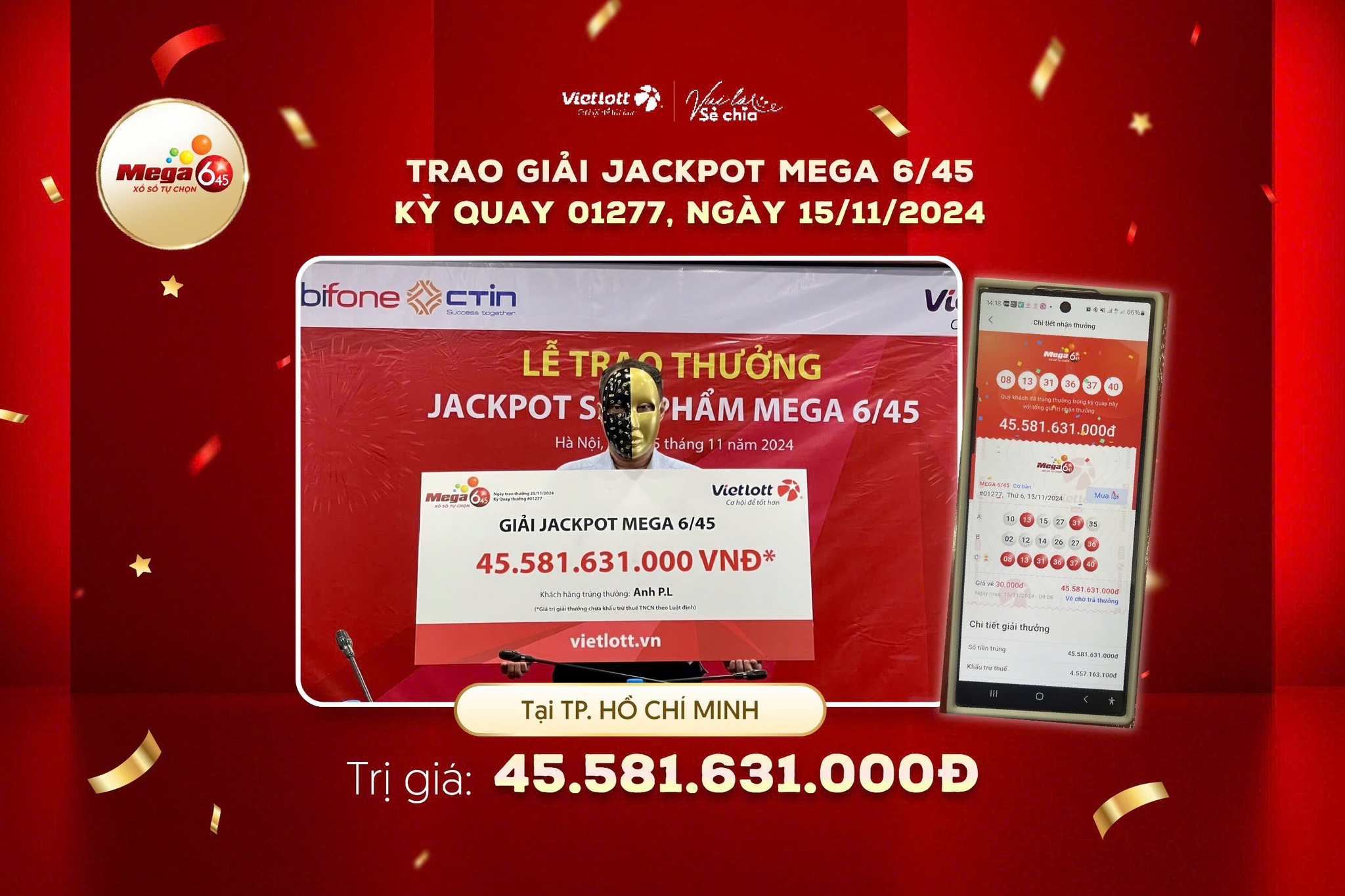 VIETLOTT TRAO GIẢI JACKPOT TRỊ GIÁ HƠN 45 TỶ ĐỒNG CHO NGƯỜI CHƠI TẠI TP. HỒ CHÍ MINH